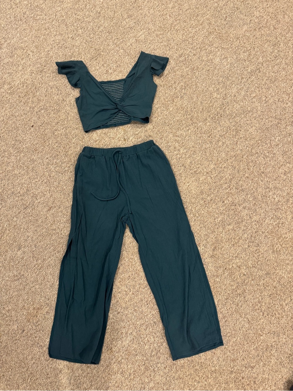 SHEIN Blue Green Linen Look 2 Piece Set Twist Front Crop Top Capri Pants Size M